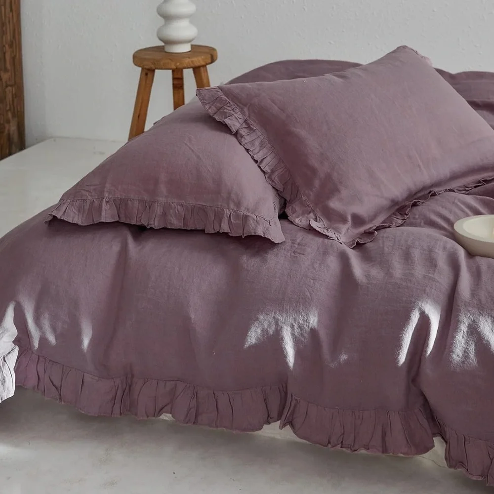 🆕 Linen Duvet Set Ruffle Luxury Washable King Bedding Set NEW NWT Purple Pink